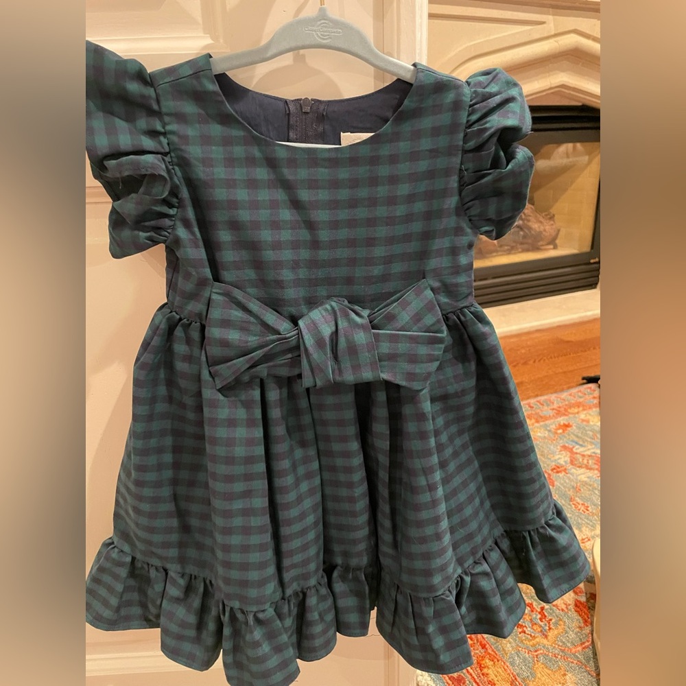 Popatu green/navy Check Flutter Sleeve Cotton Dress